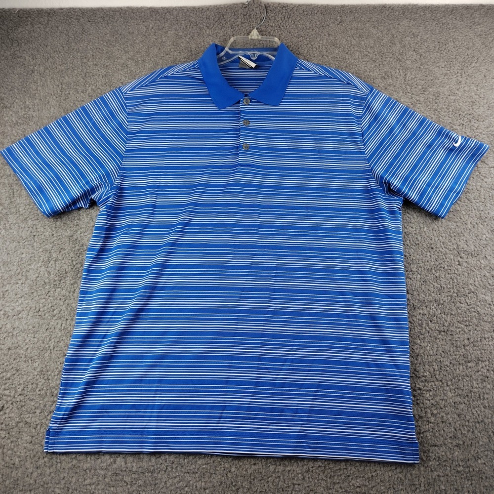 Nike Polo Shirt Mens XL Dri-FIT Blue Striped Golf Short Sleeve Preppy Sporty EUC